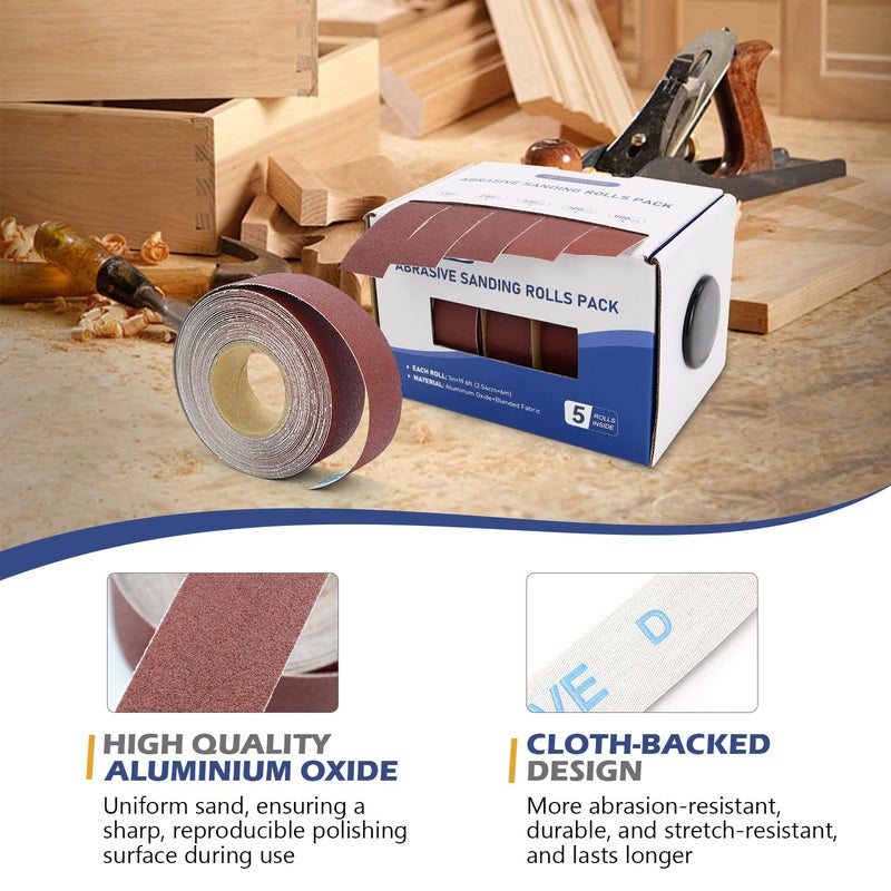 SCOTTCHEN Abrasive Sanding Rolls 1" x 20Ft x 5 Grits Emery Cloth Roll with Dispenser for Finishing and Sanding, Abrasive Paper Variety Pack Sanding Rolls Grits 150, 240, 320, 400, 600 - Image 3